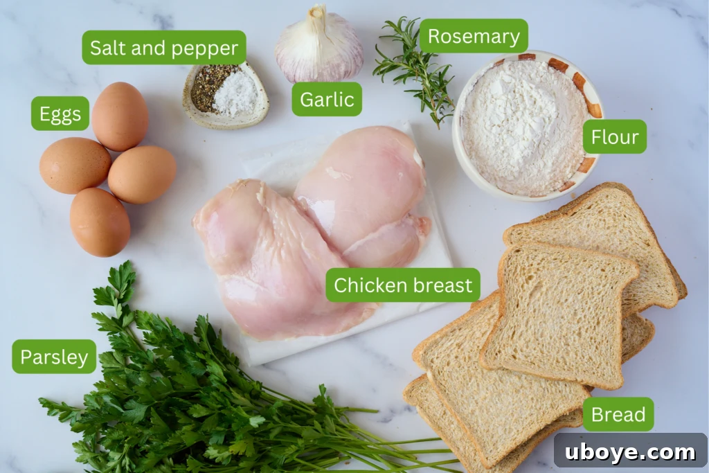 Image of all the ingredients needed for this crispy breaded chicken recipe. Image includes eggs, garlic, salt and pepper, flour, chicken breast, parsley and bread. 