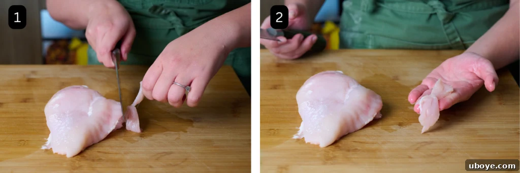 Two images side by side of how to remove chicken tenderloin. 