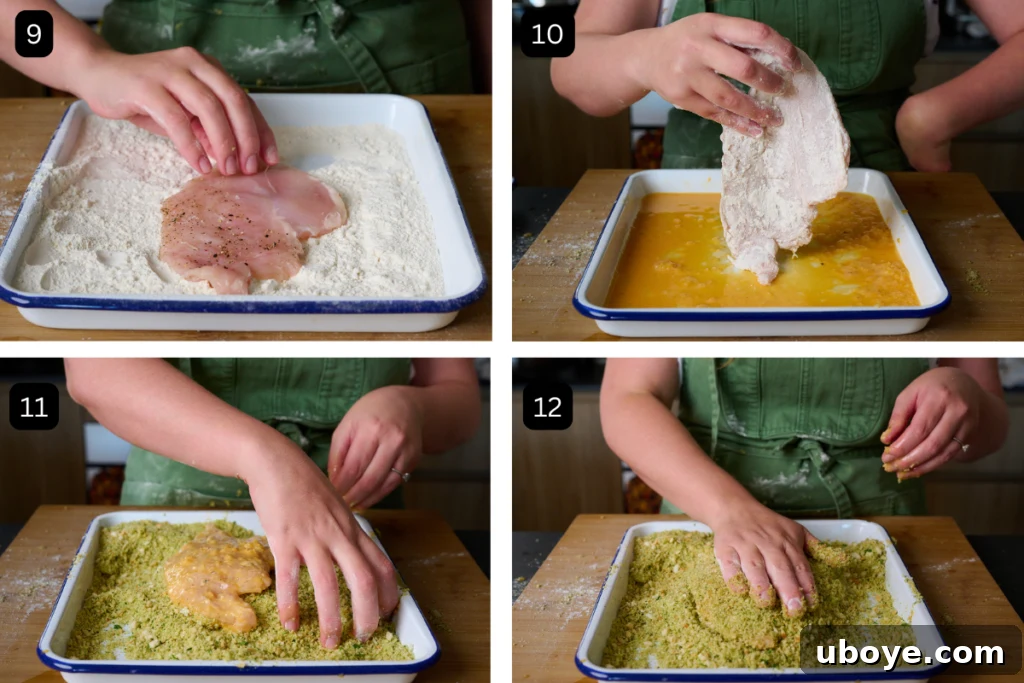 four images of how to bread the chicken. The first is chicken being coated in flour, the second in the egg wash and the last two images show the chicken getting the breadcrumbs put on it. 
