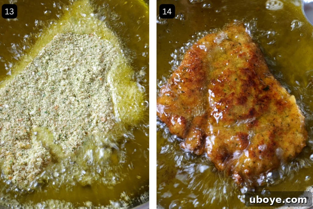 One photo of the chicken in the oil being cooked and the second of the chicken laying in the oil which has been flipped and has one side golden and cooked. 