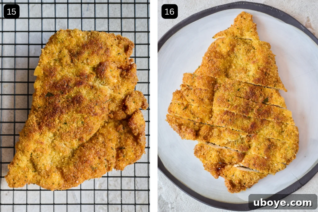 two final images of the crispy breaded chicken. One of the chicken laying on the cooling rack and the second of the chicken sliced and laying on a plate with a black rim. 