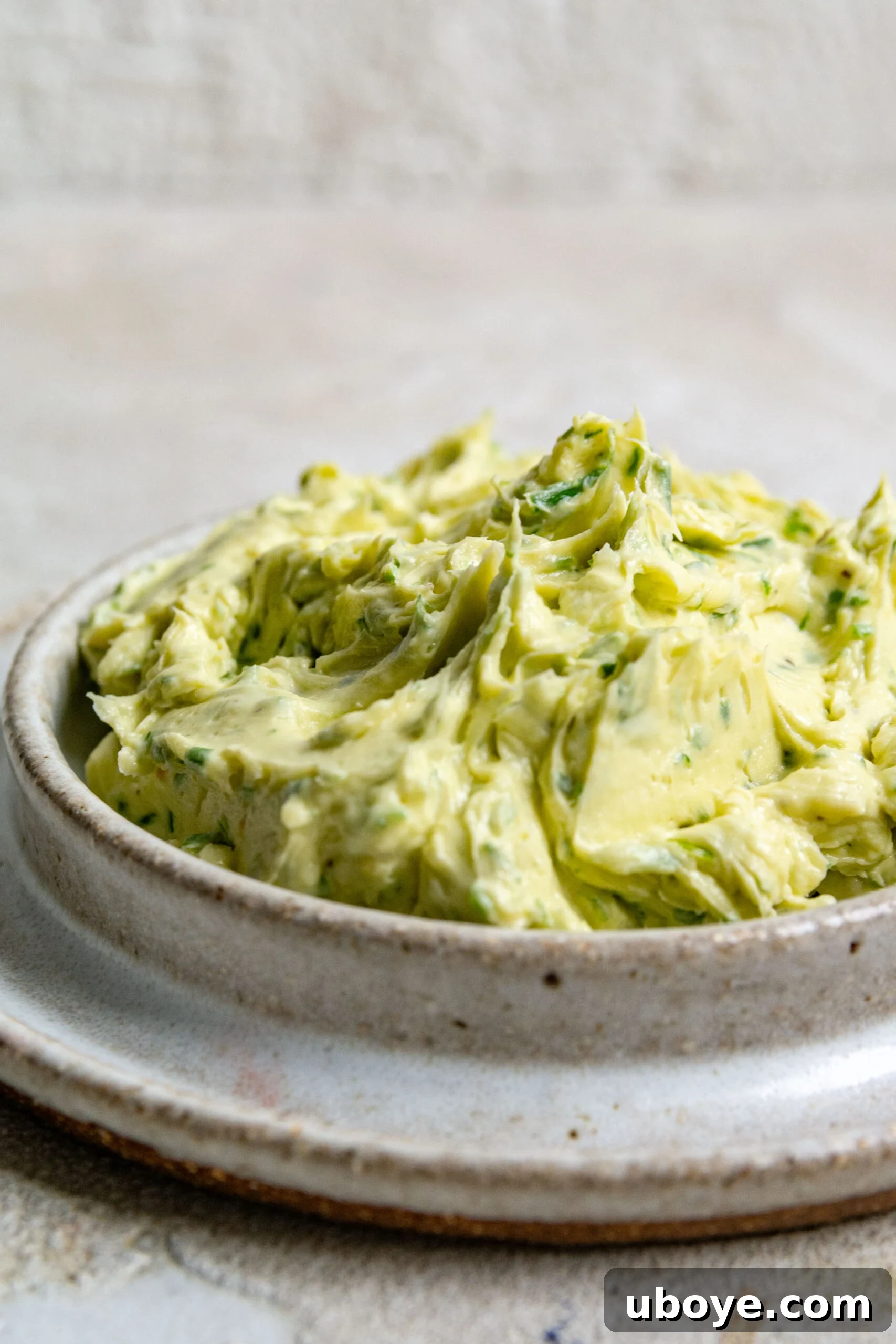 The Ultimate Homemade Garlic Butter 2 Homemade garlic butter sits in small butter dish, ready to be used as a flavorful spread.