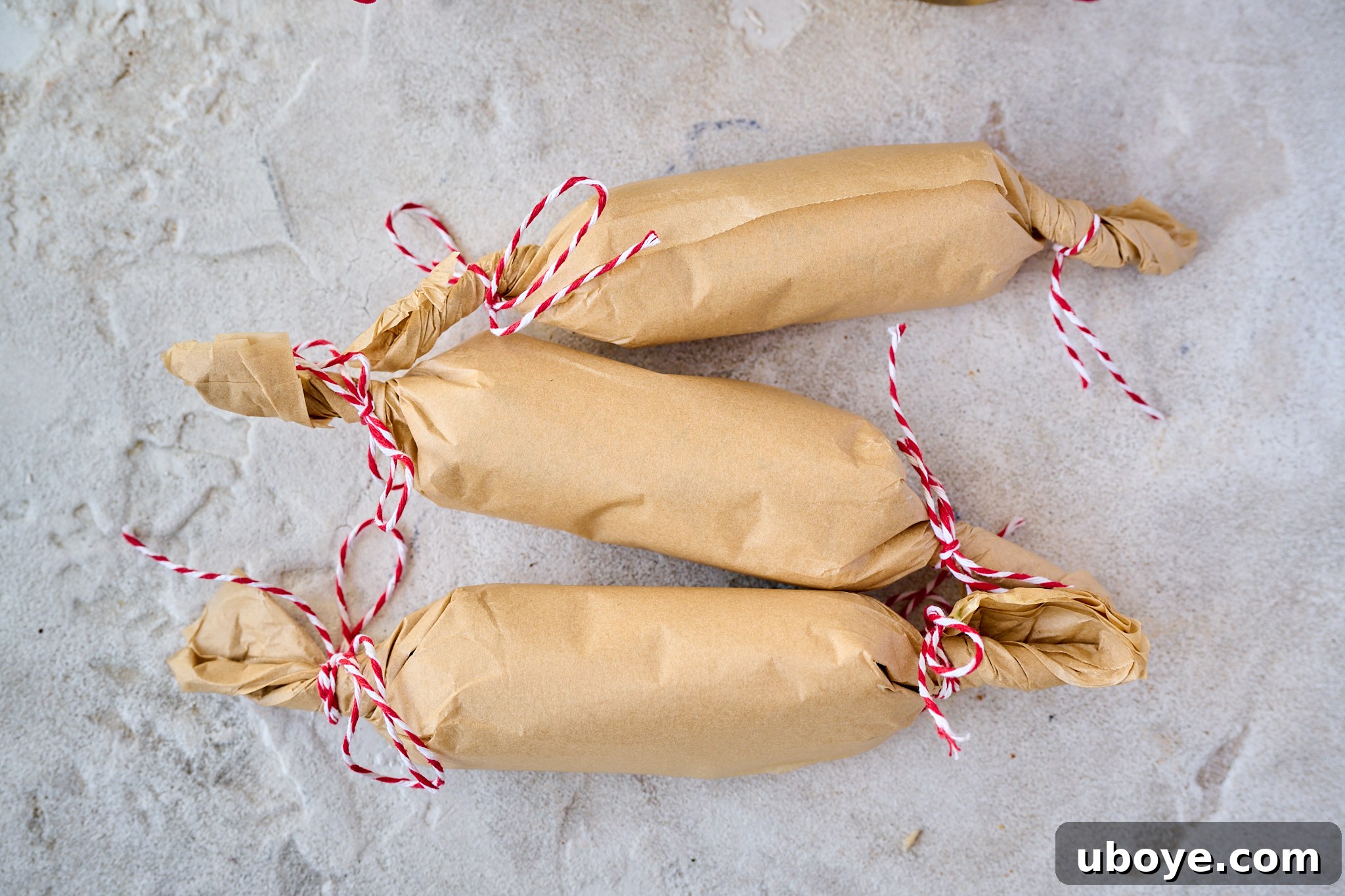 The Ultimate Homemade Garlic Butter 9 Homemade garlic butter is rolled into brown paper logs with red and white string tied at ends, ready for storage or gifting.