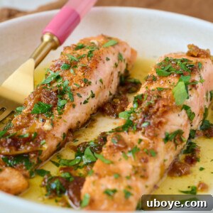 Honey garlic butter salmon fillet, perfectly cooked and glazed.