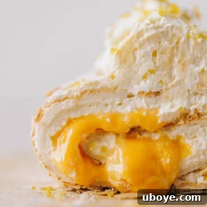 Lemon Curd Meringue Roulade, light, sweet, with marshmallow center, crunchy exterior, whipped cream, and lemon curd