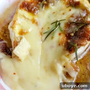 Baked Brie with Roasted Garlic Butter, a gooey, cheesy appetizer perfect for holiday gatherings