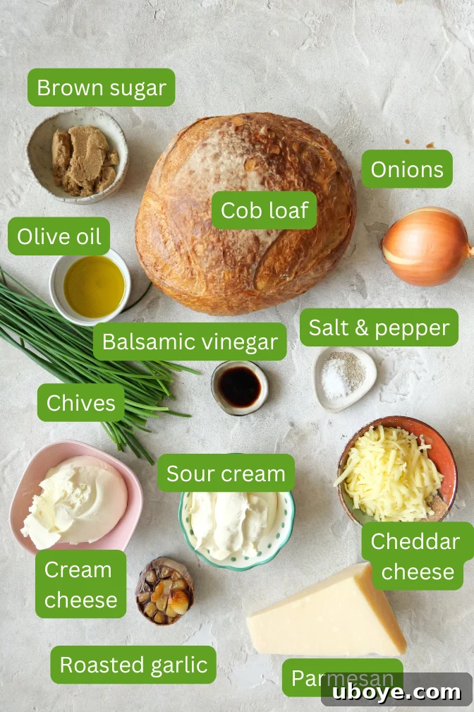 Ingredients for French onion dip cob loaf including a cob loaf, brown onions, salt, pepper, vinegar, various cheeses, sour cream, cream cheese, chives, olive oil, and brown sugar.