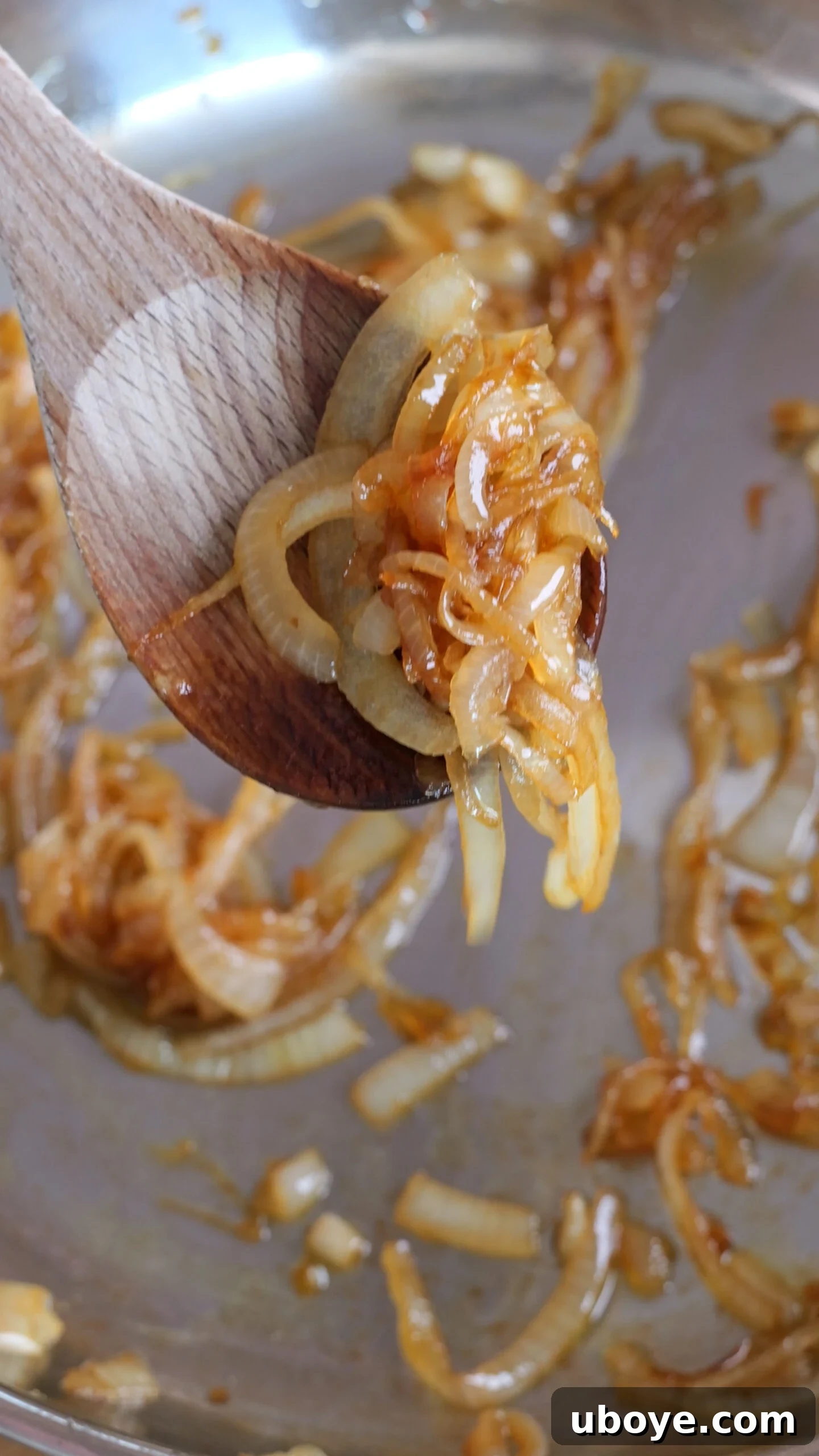Image of richly caramelized onions on a wooden spoon, showcasing their sticky, golden-brown texture.