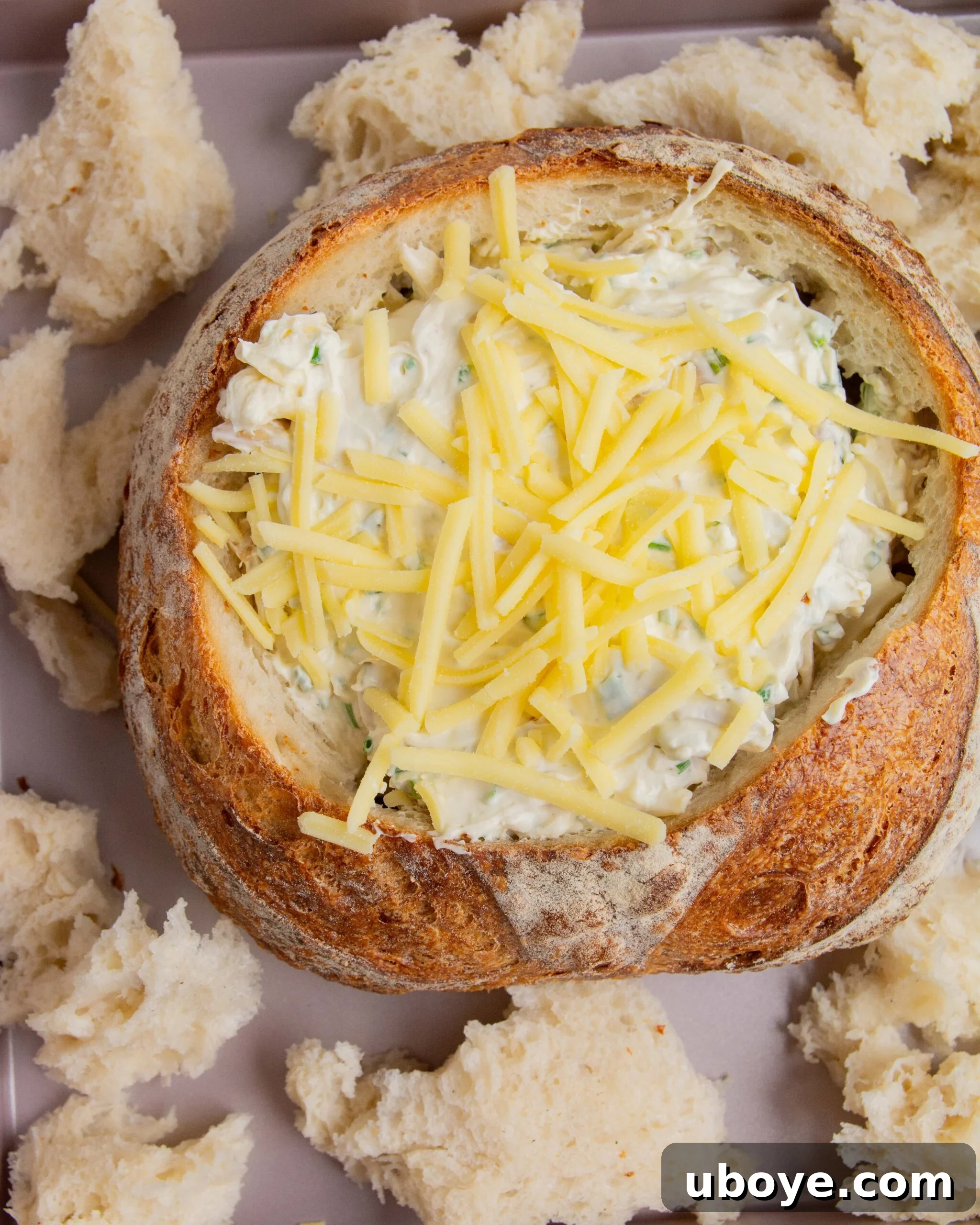 An unbaked French onion dip cob loaf on a baking tray, surrounded by torn bread pieces and topped with grated cheese.