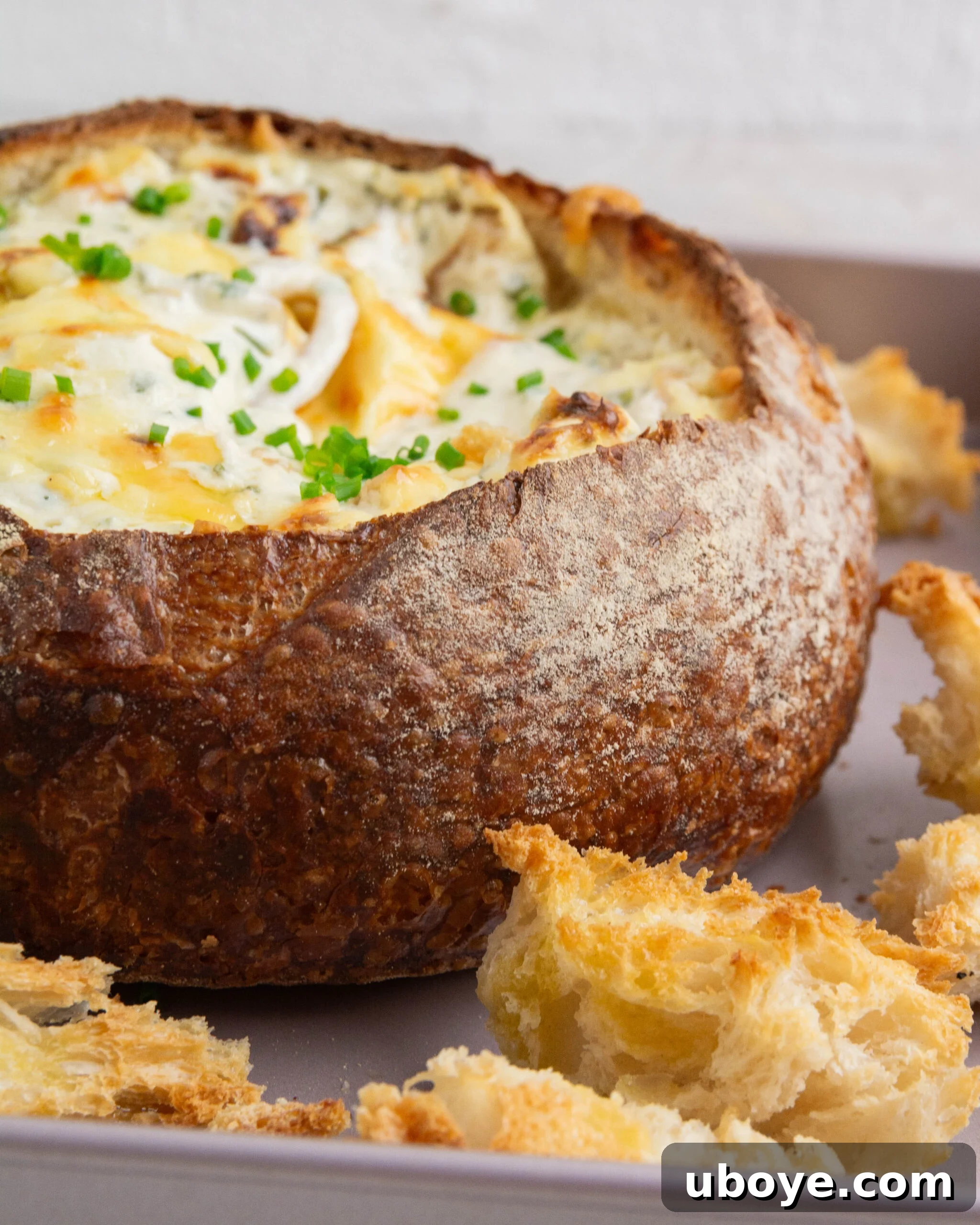 A baked French onion dip cob loaf sitting on a baking tray, surrounded by toasted bread dippers.