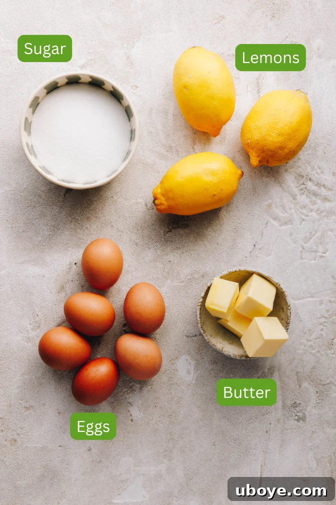 A flat lay photograph showcasing the four key ingredients for homemade lemon curd: fresh lemons, eggs, butter, and sugar.