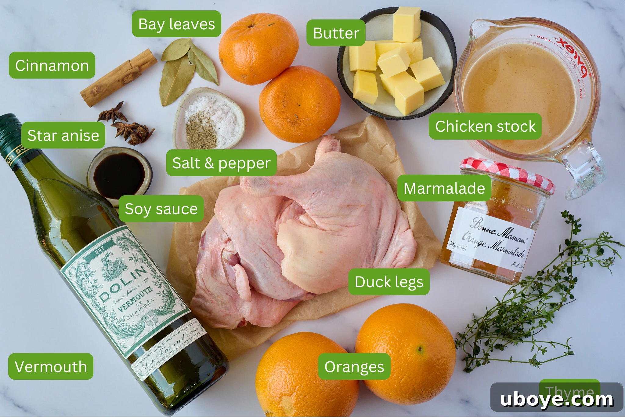 Ingredients for Crispy braised duck legs are shown. You can see bay leaves, cinnamon, star anise, vermouth, butter, oranges, chicken stock, marmalade, soy sauce, duck legs, thyme and salt and pepper. 