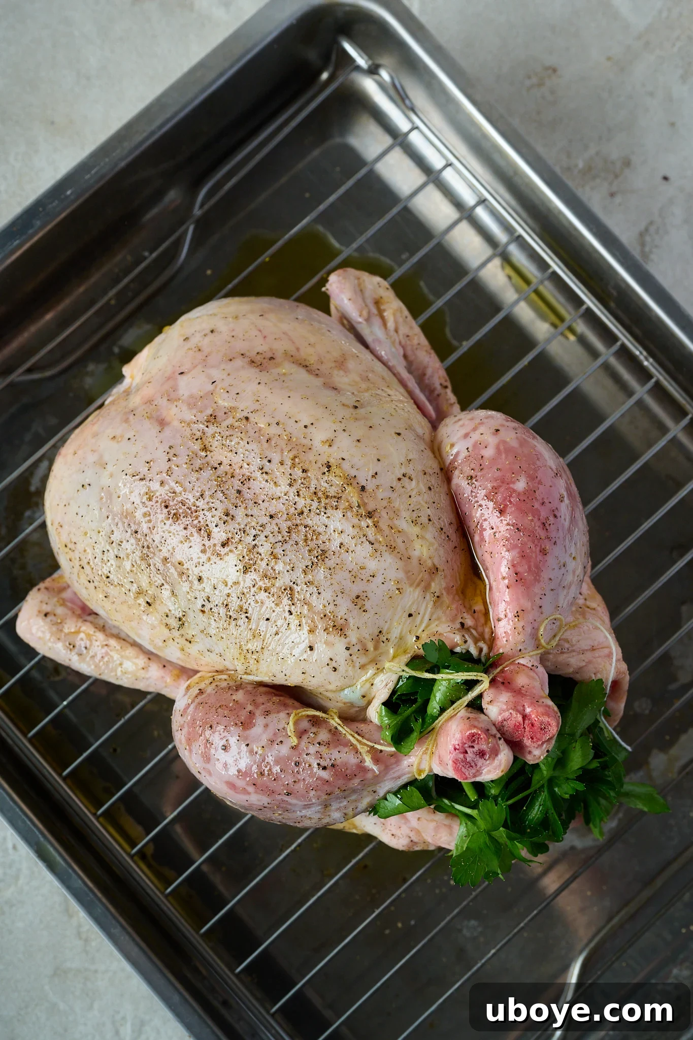Golden Chicken & Fragrant Garlic Rice Skillet 5 Whole chicken is raw and sitting on baking rack.