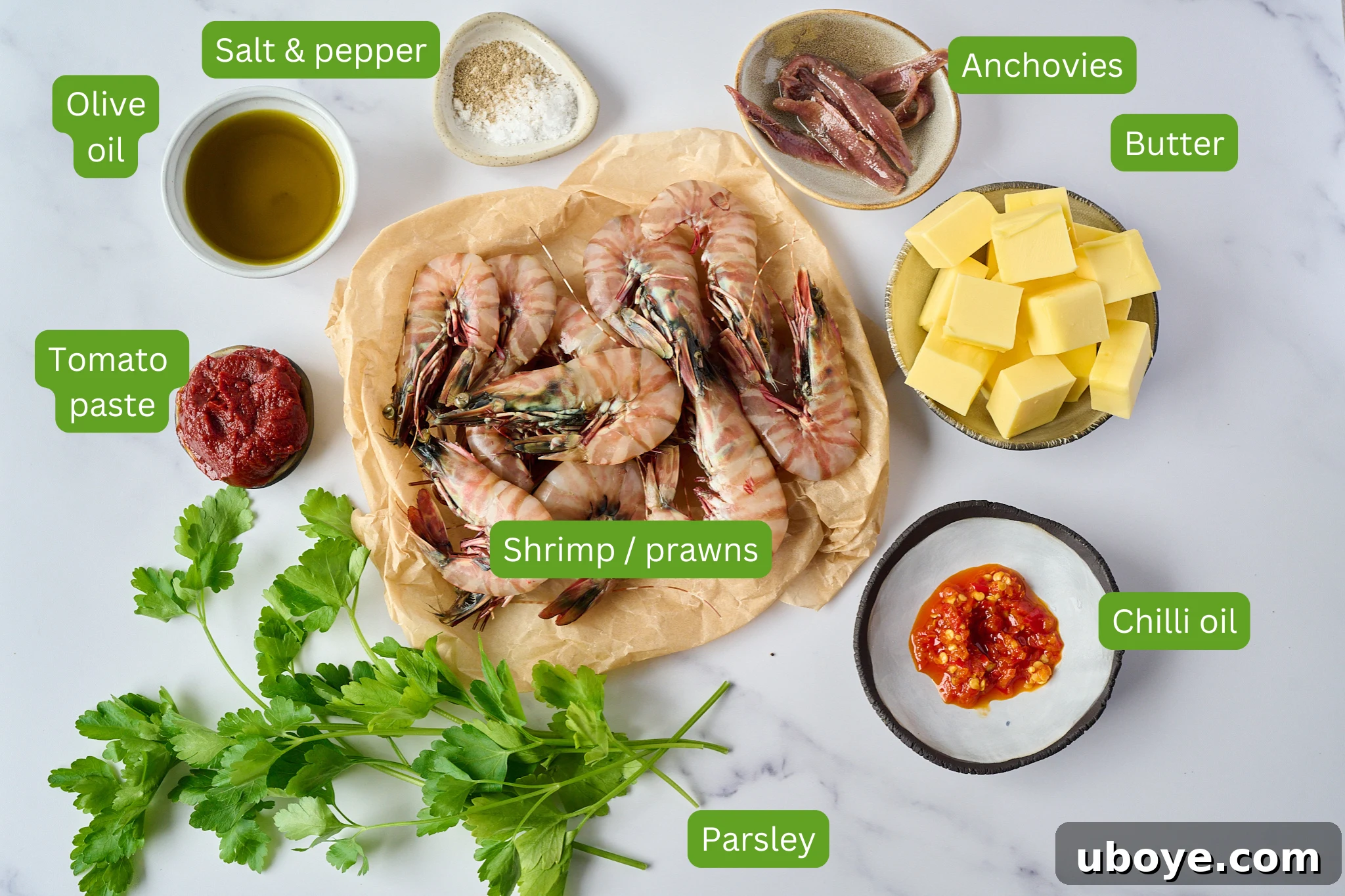 Smoky Grilled Shrimp Skewers with Zesty Tomato Butter 4 Ingredients laid out for tomato butter and shrimp skewers