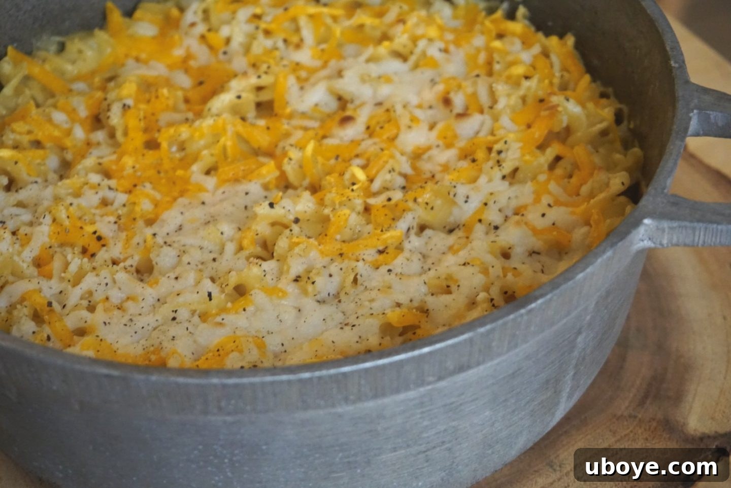 Quick and Creamy Vegan Mac 4 A side shot of the vegan mac and cheese in a baking dish, showing the beautiful browned top crust after baking, ready to be served.