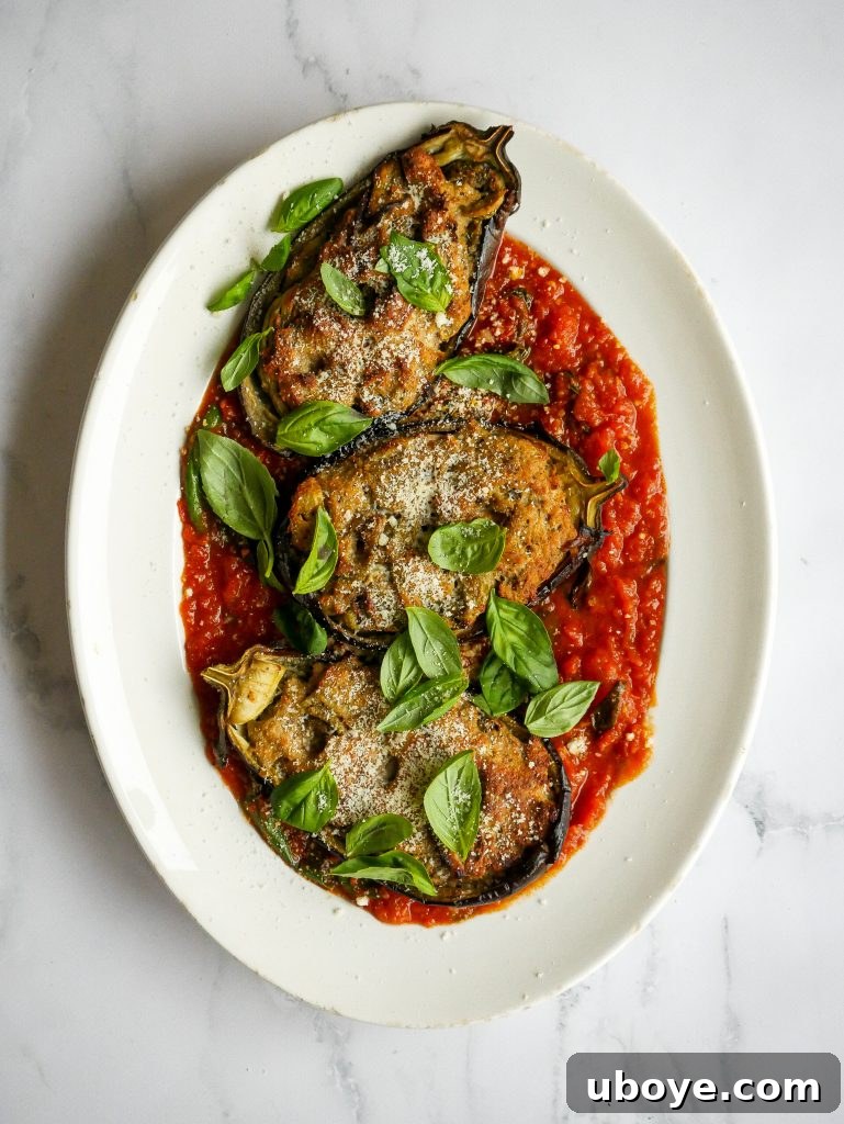 A close-up shot revealing the delicious, crispy topping of the stuffed eggplants.