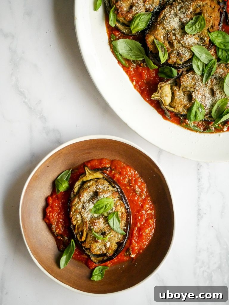 Stuffed eggplant halves served with vibrant tomato and basil sauce, garnished with fresh basil leaves.