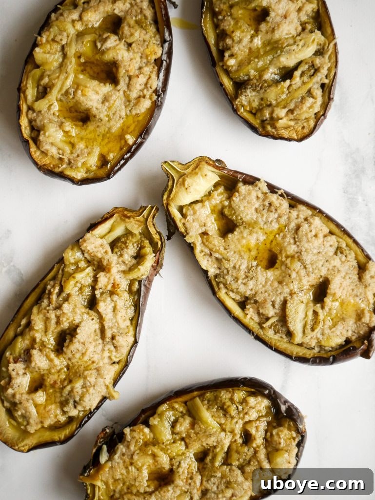 A beautifully plated stuffed eggplant with fresh basil leaves, ready to be enjoyed.