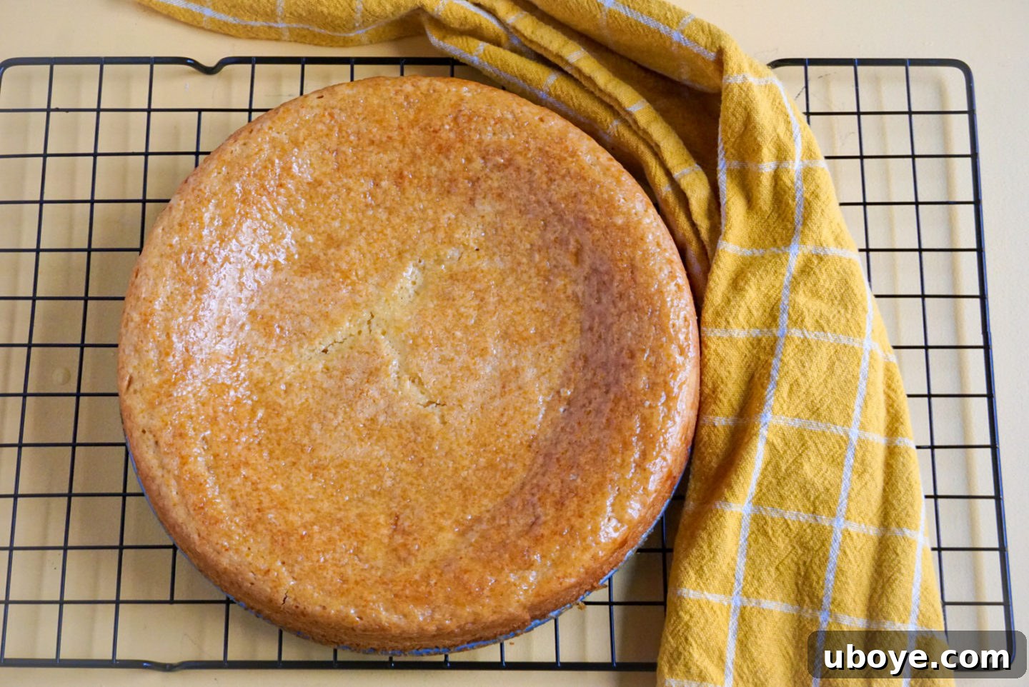 Slice of Pear-a-Sprite vegan cake with whipped cream, peaches, and pears on a plate.
