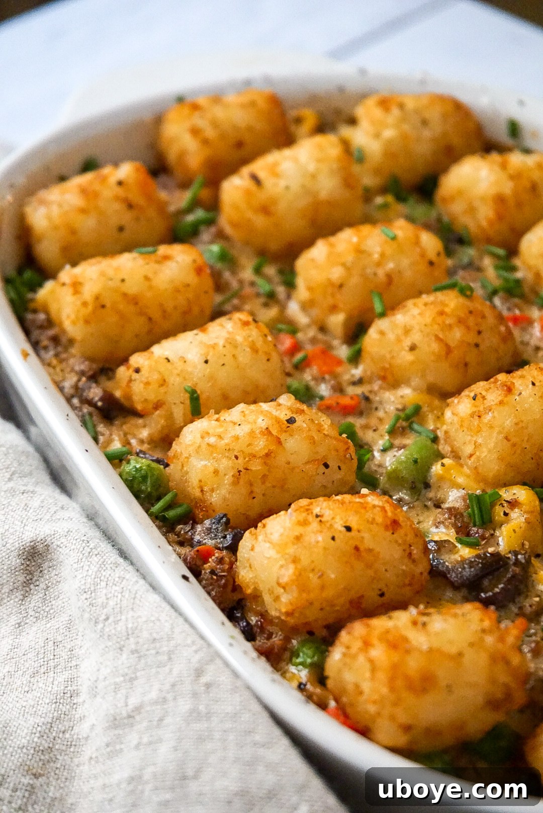 A perfectly portioned serving of vegan tater tot casserole, garnished with fresh chives, ready to be enjoyed.
