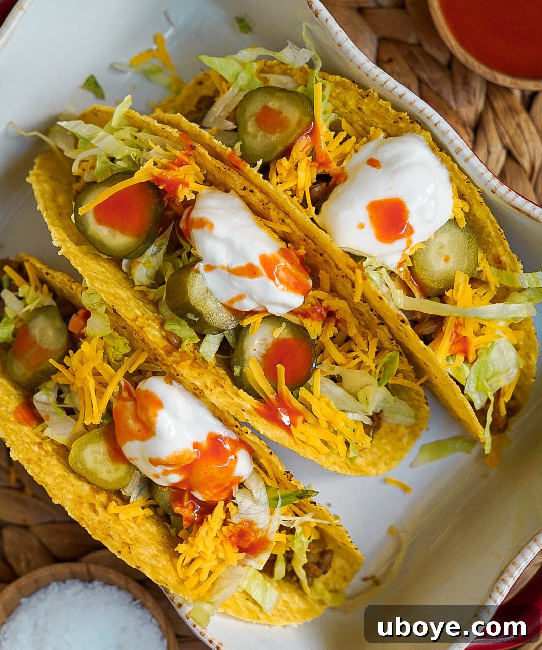 Dill Pickle Plant-Based Beef Tacos 2 Deliciously assembled vegan beef and pickle tacos with fresh ingredients