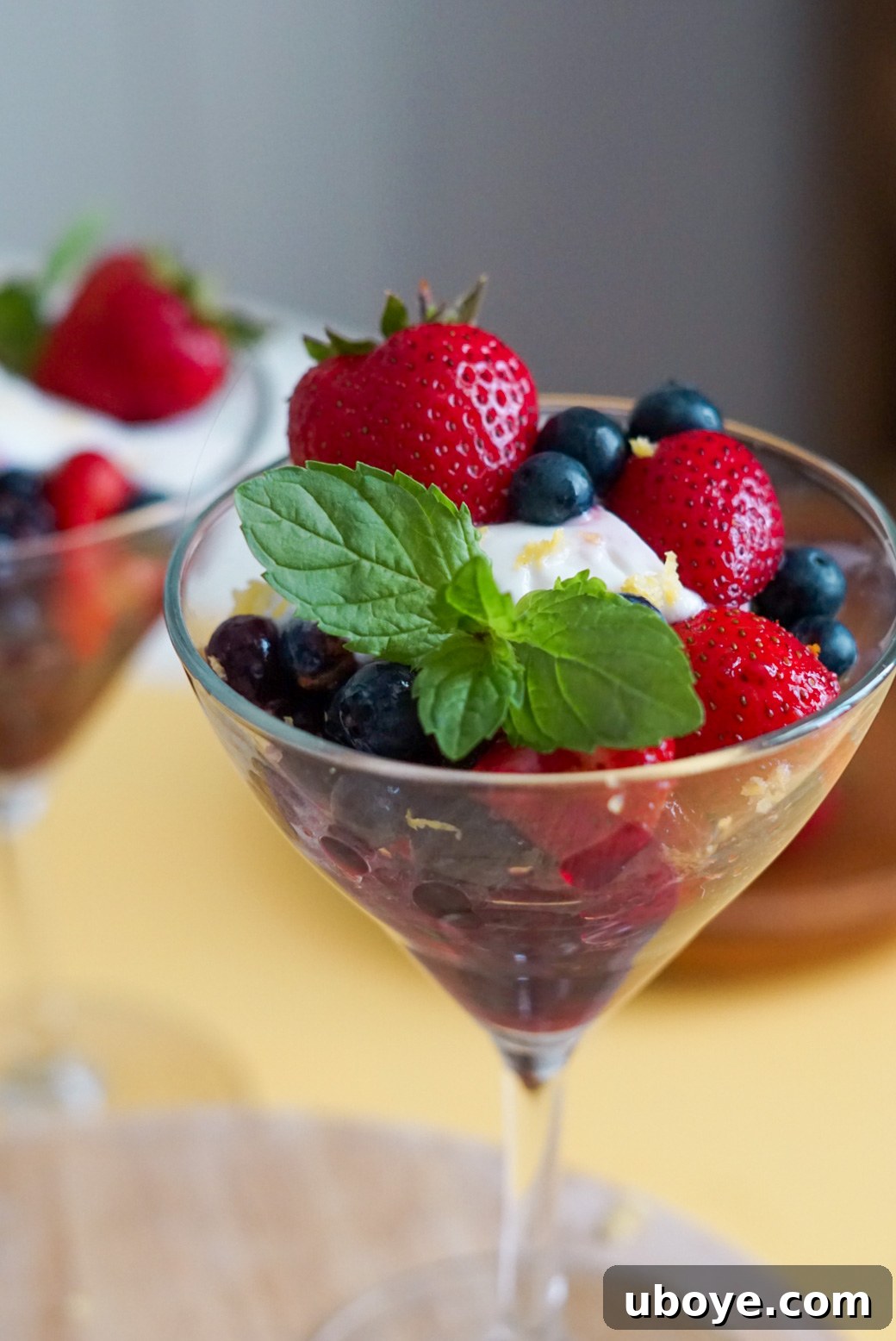 Layered Summer Berry Bliss 2 A beautifully layered Summer Berry Parfait with fresh berries, creamy white yogurt, and a sprig of mint, ready to be enjoyed on a warm day.