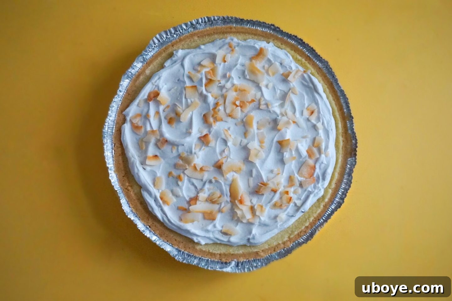 Effortless Vegan Coconut Cloud Pie 3 Whole vegan coconut cream pie garnished with toasted coconut flakes