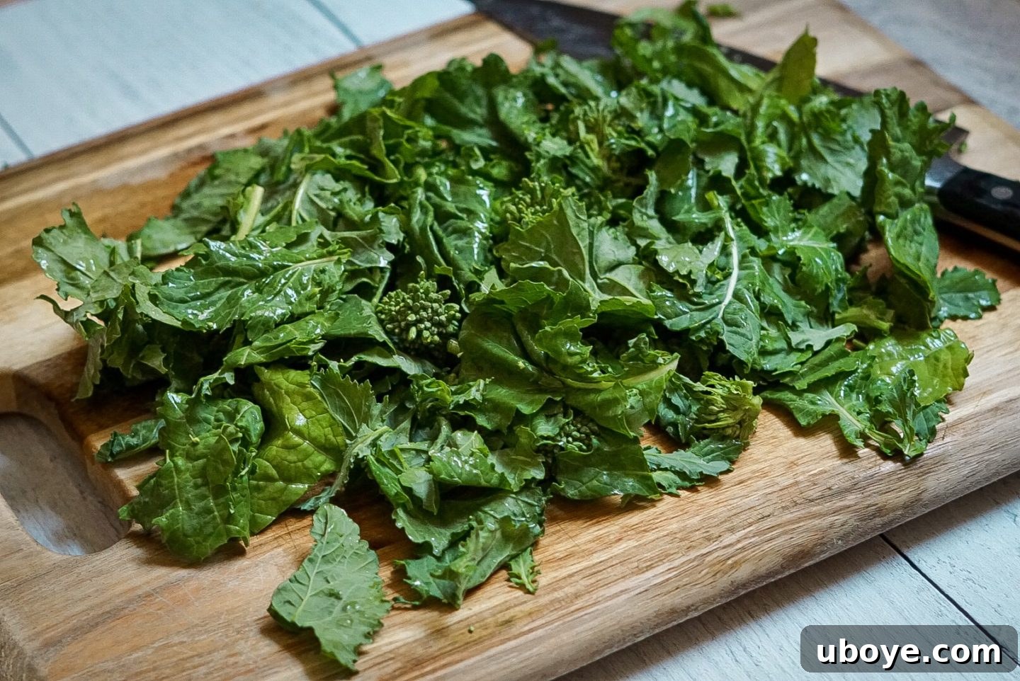 Close-up of vibrant green cooked Broccoli Rabe in a pan.