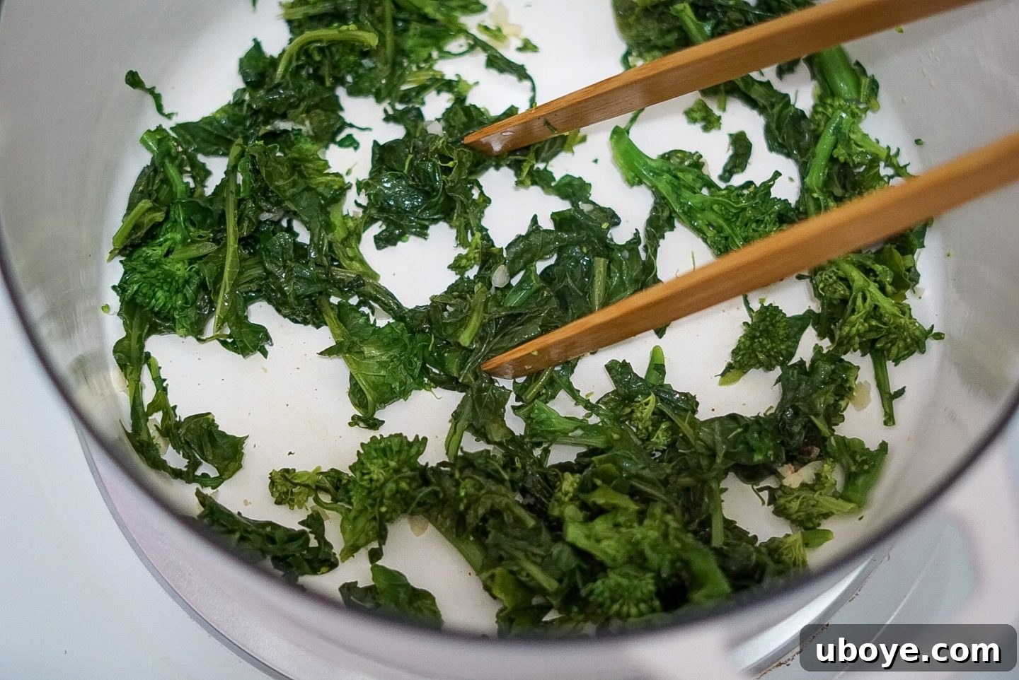 Cooked Broccoli Rabe in a pan, ready for the final touch.
