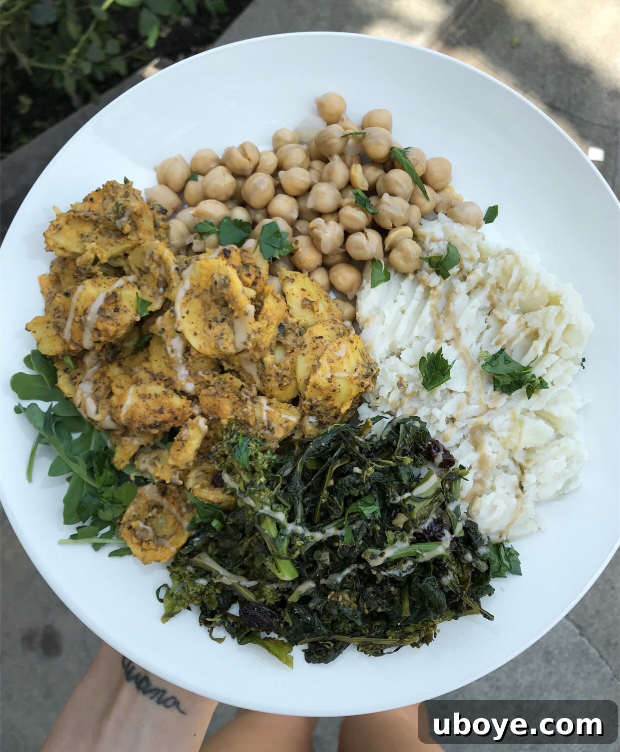 A beautifully plated dinner with Balsamic Broccoli Rabe, vegan mac and cheese, chickpeas, and cauliflower mashed potatoes, drizzled with tahini and lemon.