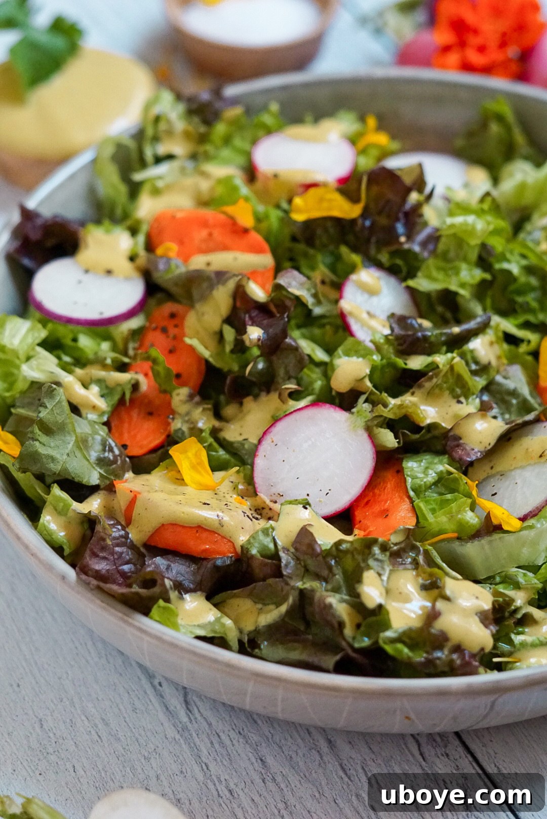 Close-up of a freshly made salad with a variety of colorful ingredients