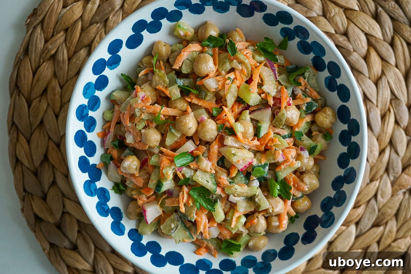 Fresh garden veggie chickpea salad with creamy lemon, garlic, and dill dressing