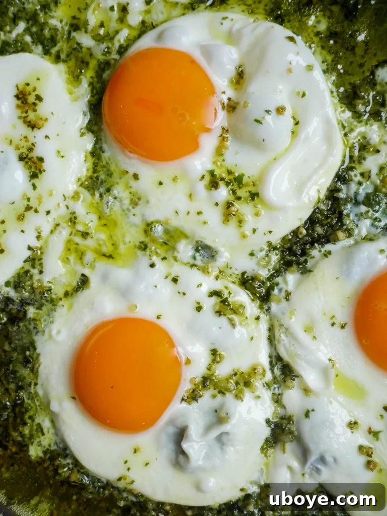 Pesto-Kissed Eggs 5 Overhead view of a prepared dish of Pesto Eggs, possibly on toast with garnishes