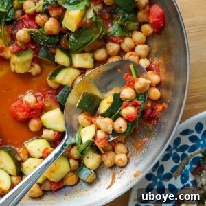 Close-up of the Italian Zucchini and Chickpea Skillet, a healthy and quick vegan recipe.