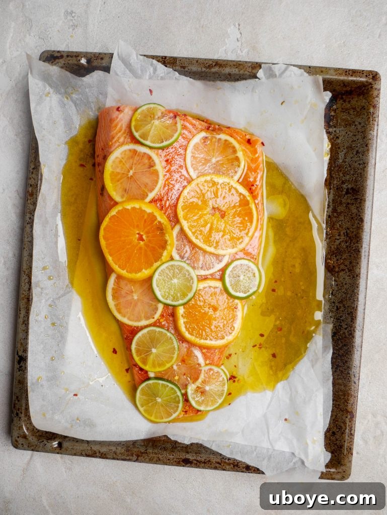 Beautifully slow-roasted salmon fillet with citrus slices and herbs.
