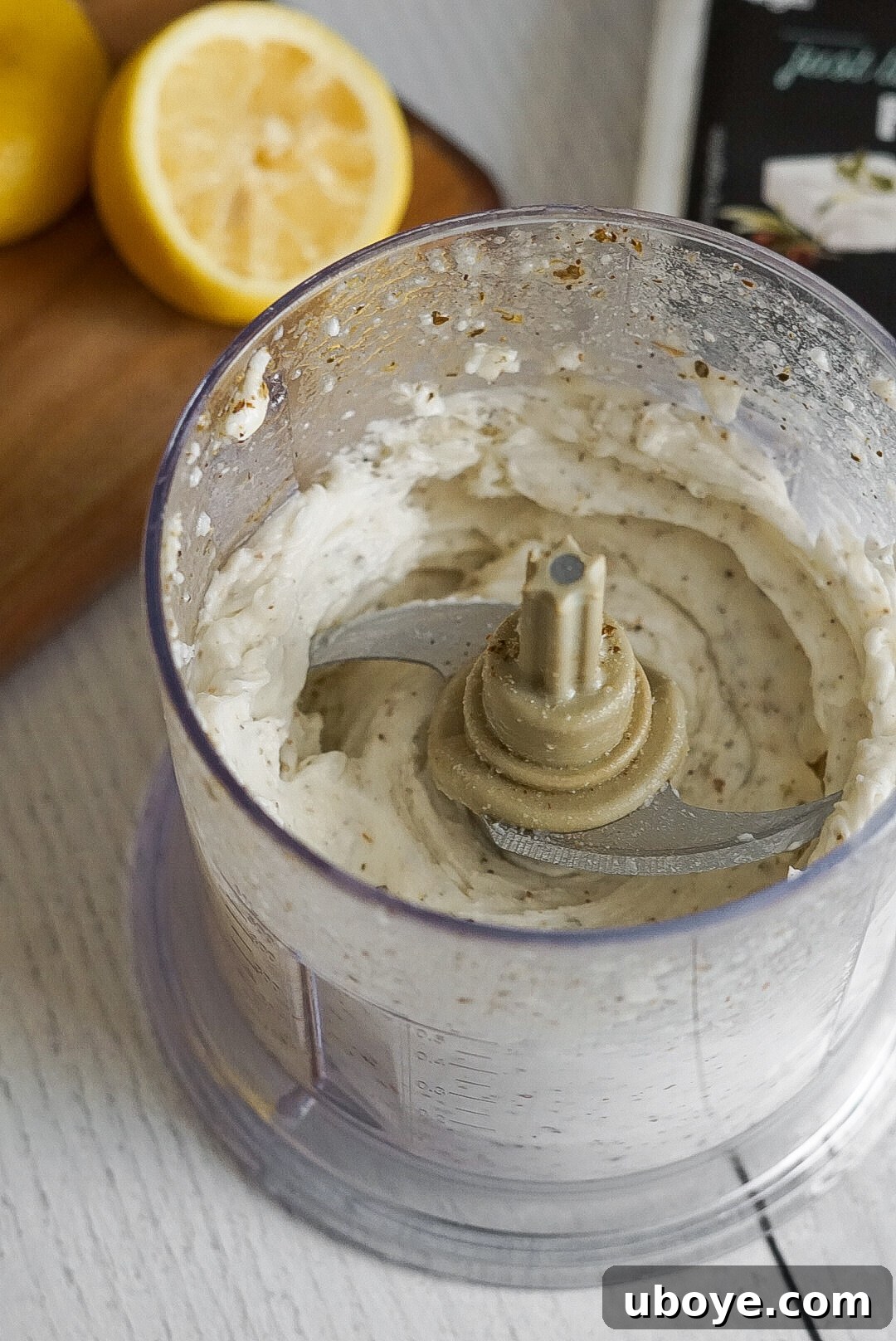 Another close-up of Vegan Whipped Feta being blended