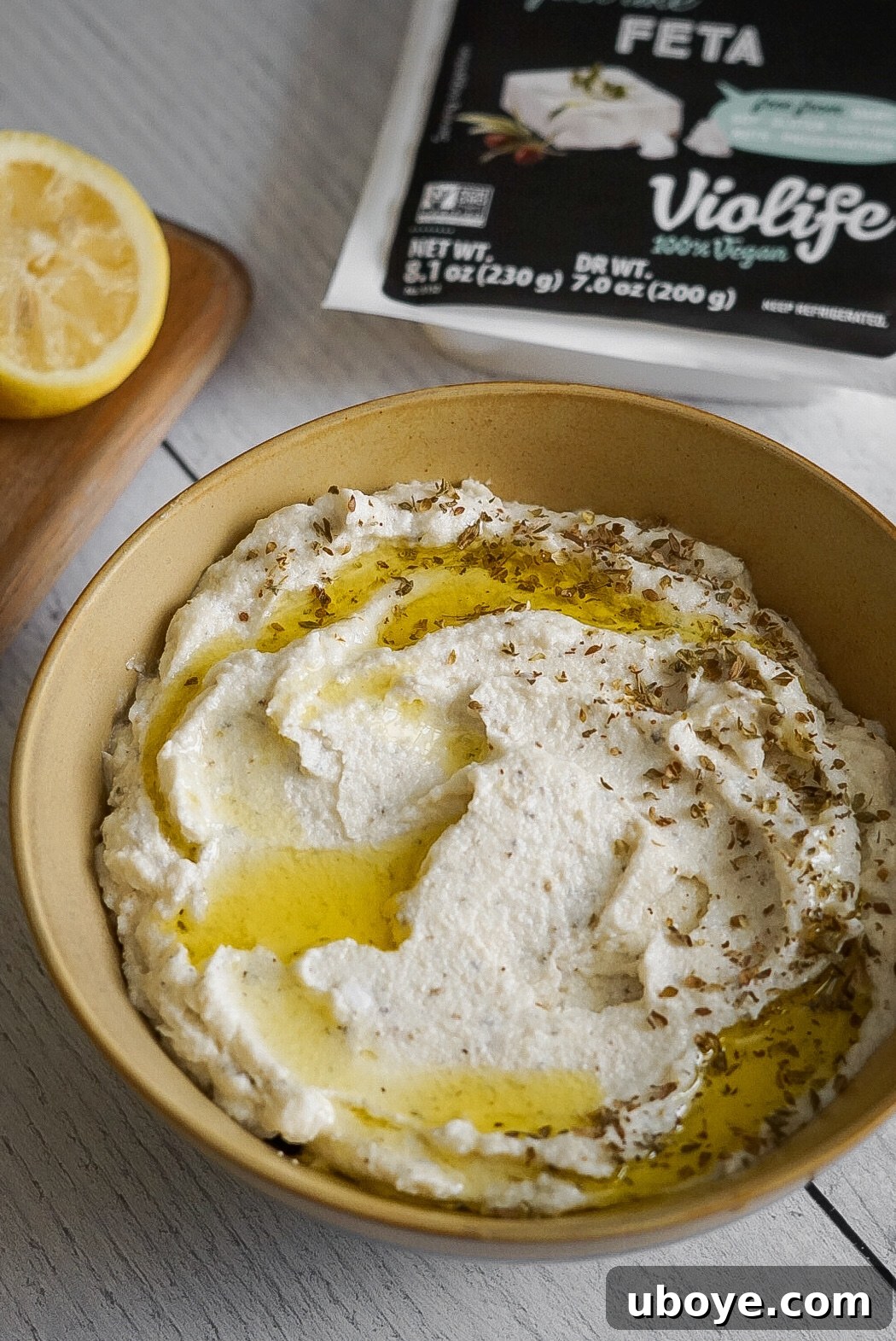 Smooth Vegan Whipped Feta ready to be served