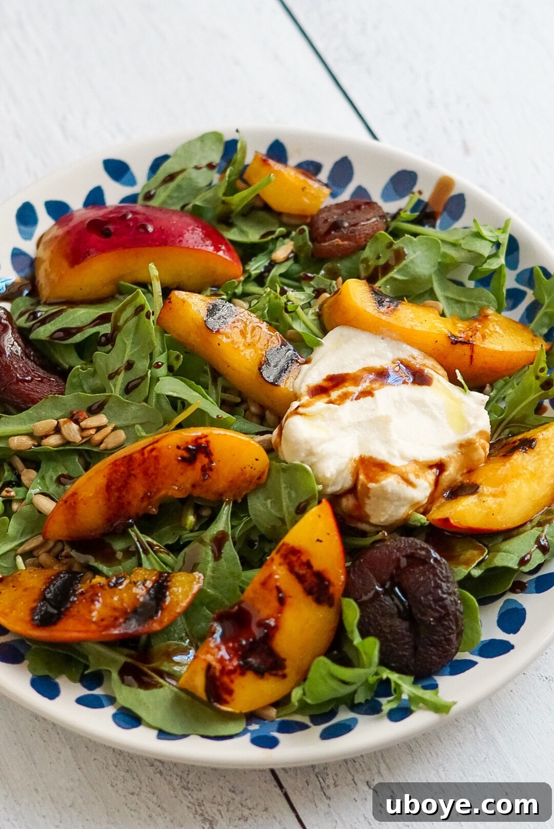 Grilled Stone Fruit and Arugula Salad with Whipped Vegan Feta and Balsamic Reduction