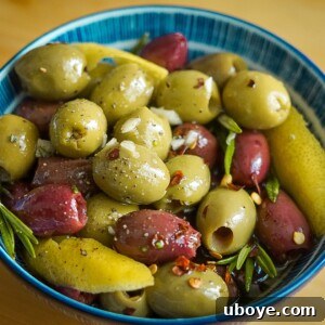 Mediterranean Marinated Olives in a rustic bowl