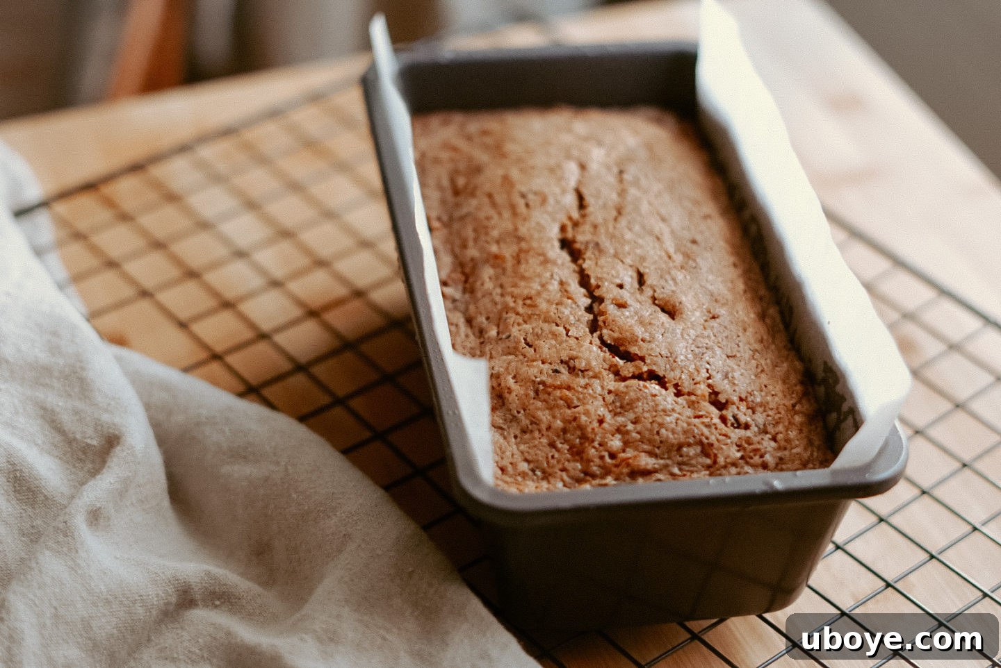 A beautifully baked loaf of vegan zucchini bread, golden brown and speckled with pecans, cooling on a wire rack in a rustic kitchen setting.