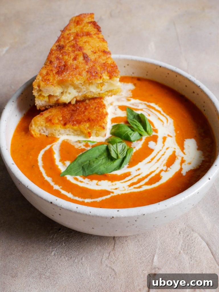 Ultimate Comfort: Roasted Tomato Soup with a Golden Cheese Toastie 2 A warm bowl of roasted tomato soup with fresh basil and a side of crispy cheese toastie, evoking comfort and warmth.