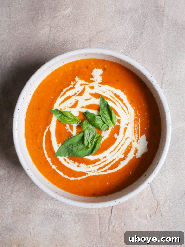 Ultimate Comfort: Roasted Tomato Soup with a Golden Cheese Toastie 5 The finished meal: a bowl of roasted tomato soup, garnished with fresh basil, and a half-eaten cheese toastie, showcasing the melted cheese pull.