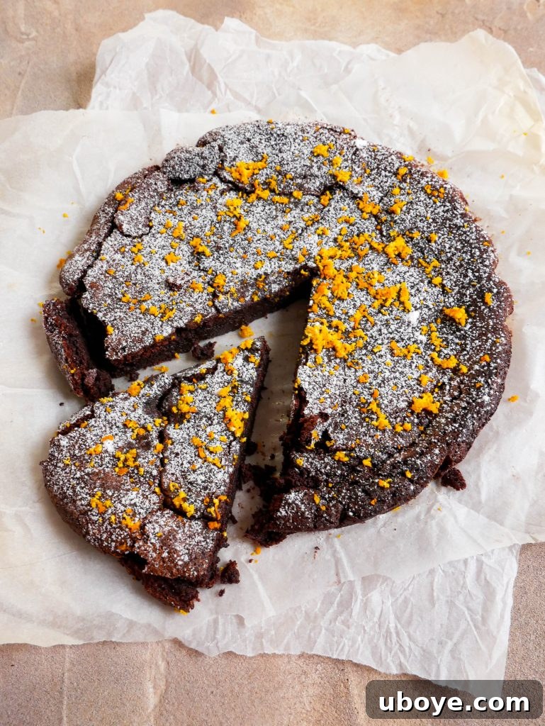 Close-up of the chocolate fudge clementine cake, showing its moist interior