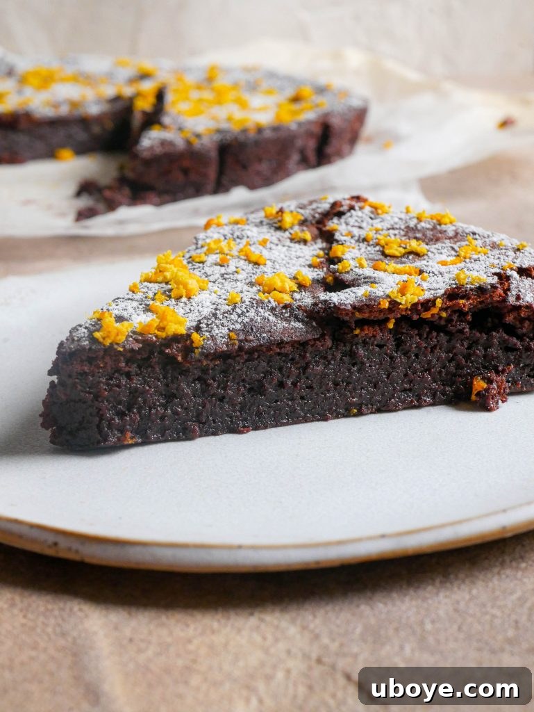 Chocolate fudge clementine cake, highlighting its unique texture