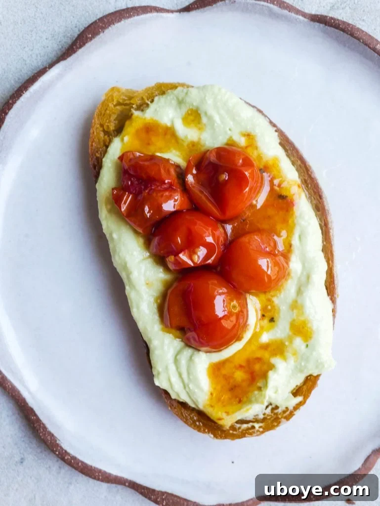 Serving of whipped avocado and cream cheese spread on toast with slow roasted tomatoes
