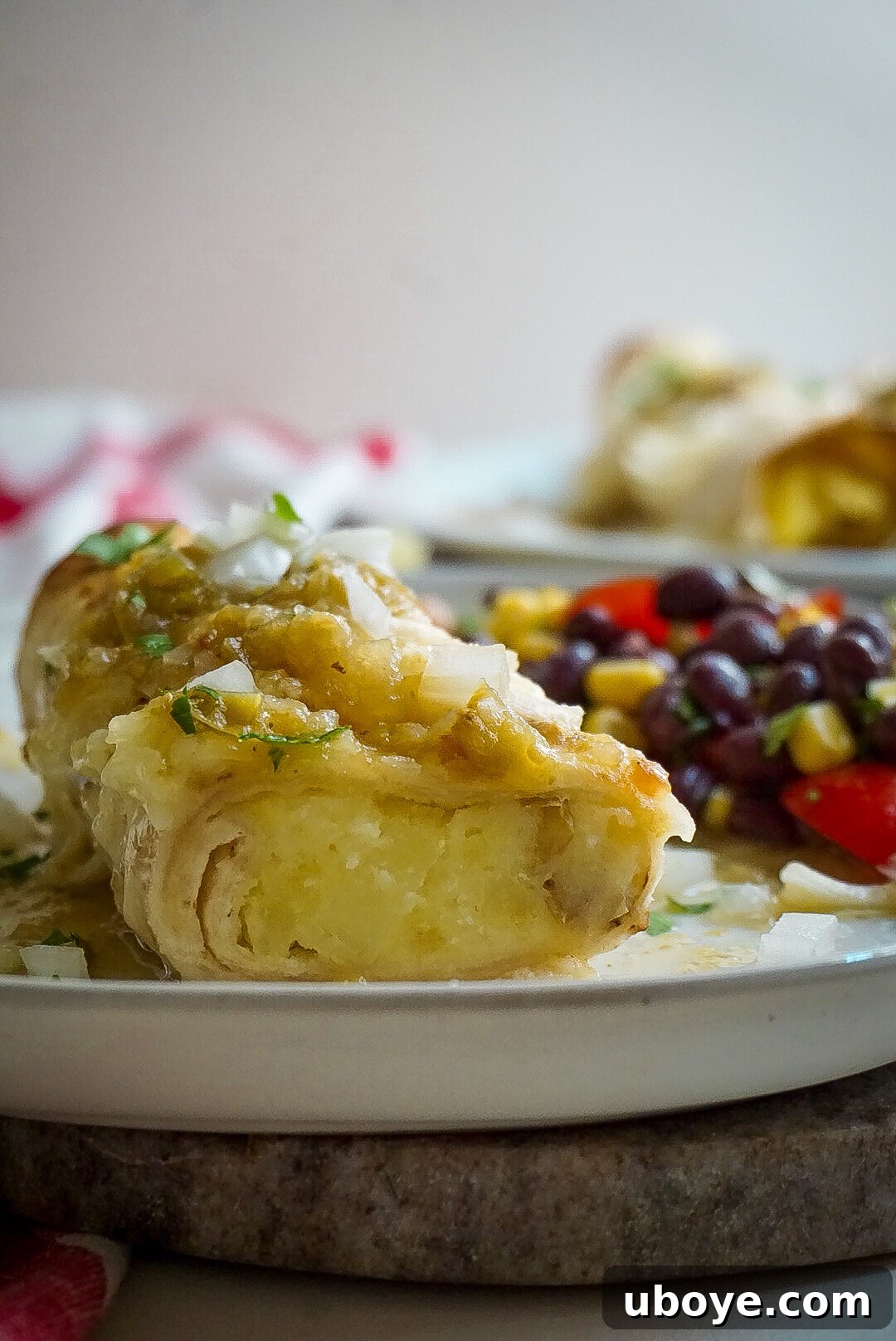 Golden Oven-Baked Potato Taquitos 5 Vegan potato taquitos served with fresh salsa verde, diced onions, and cilantro