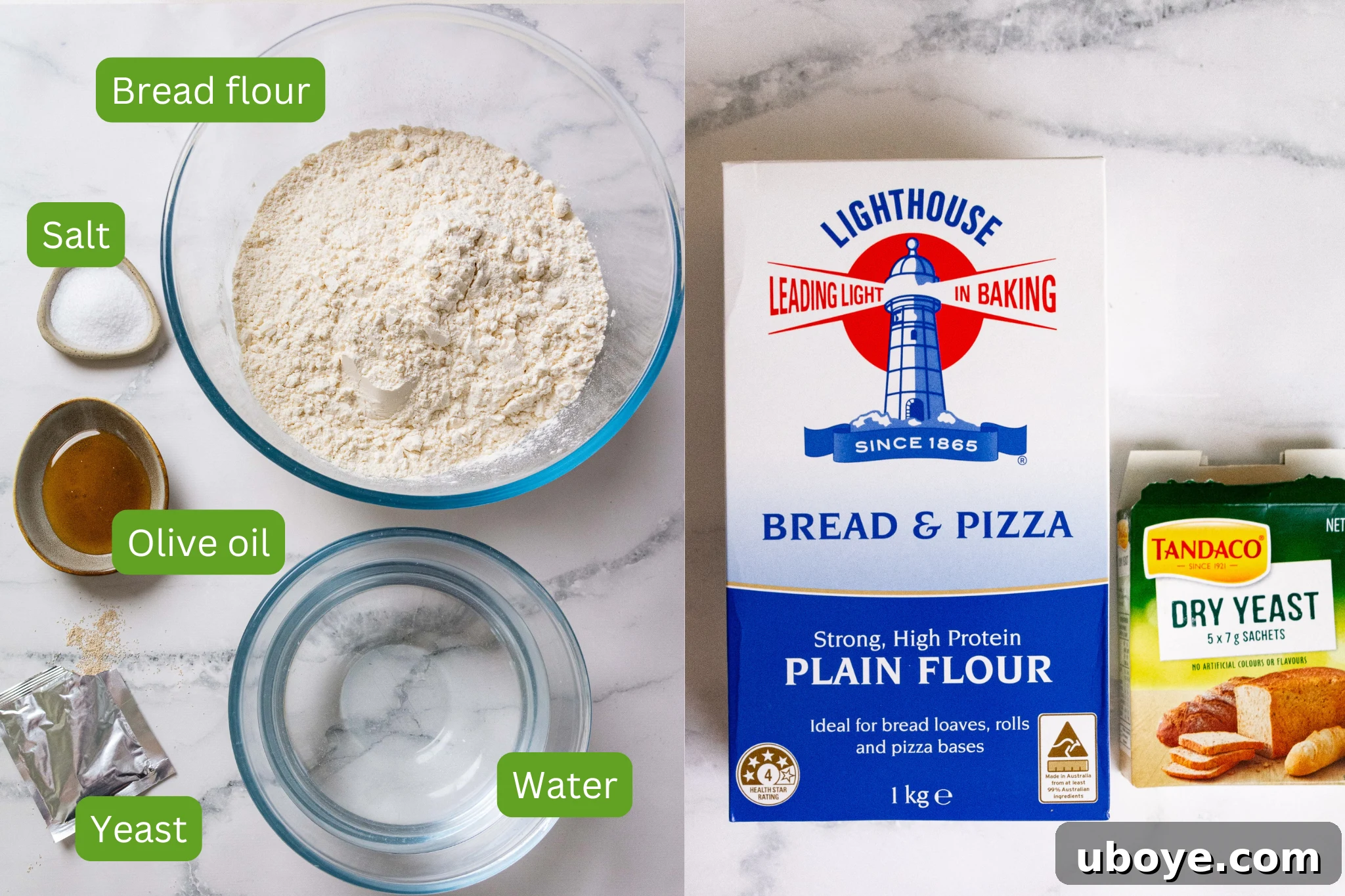 Easy No Knead Garlic and Rosemary Focaccia 3 Essential ingredients laid out for making no-knead focaccia dough