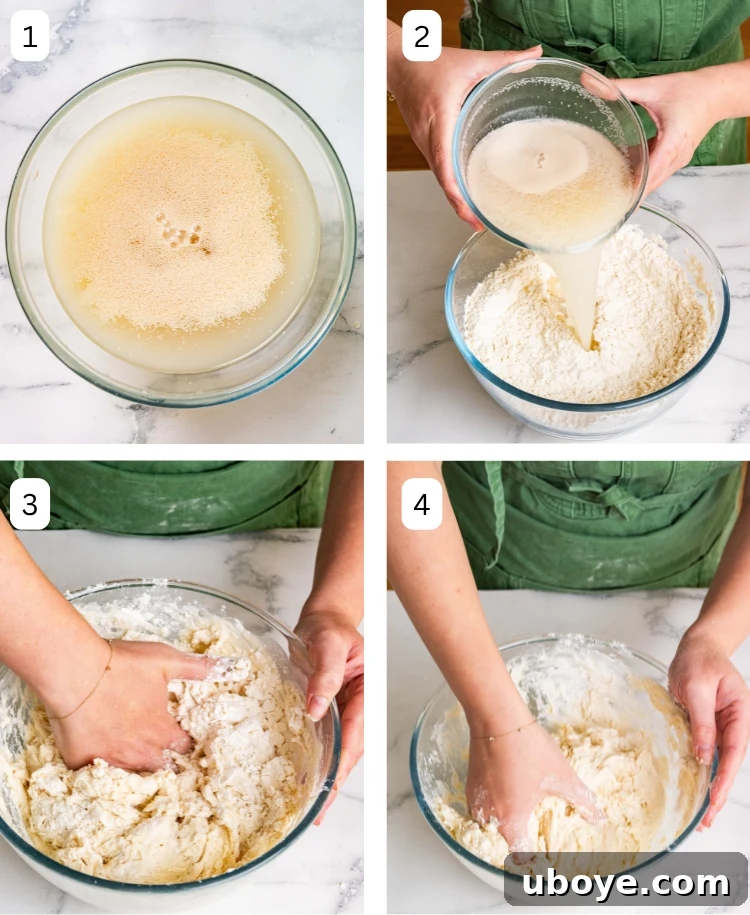 Easy No Knead Garlic and Rosemary Focaccia 4 Step-by-step image of focaccia dough mixing and initial resting