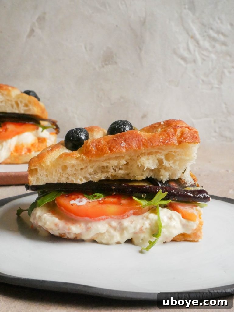Delicious Crispy Eggplant and Roasted Capsicum Focaccia Sandwich