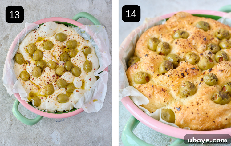 First image shows focaccia dough dimpled and topped with green olives and chili flakes. Second image shows a perfectly baked golden focaccia in a green round baking tin.